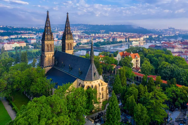 Aerial view of Vyšehrad fortress with the twin neo-Gothic towers of the Basilica of St. Peter and St. Paul, Prague, Czech Republic. Photo by Petr Jurecka