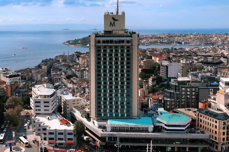 Aerial view of the Marmara Taksim Hotel in the center of Istanbul, with a view of the Bosphorus in the background