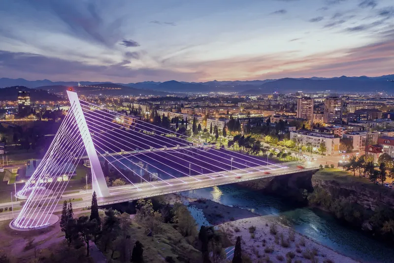 The Millennium Bridge on the Morača River is one of the modern landmarks of Podgorica, Montenegro