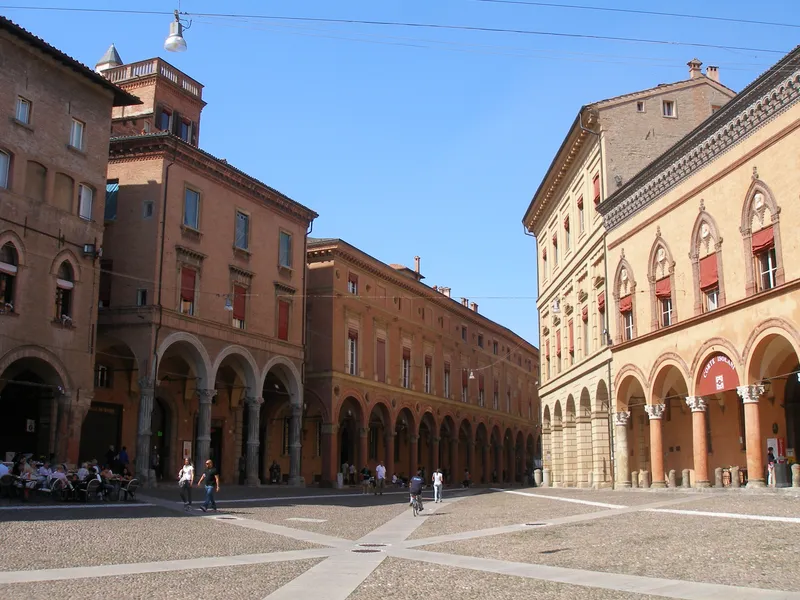 City square and porticoes in Bologna, Italy