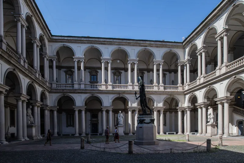 The inner courtyard of the Palazzo Brera, housing the Pinacoteca di Brera in Milan, Italy 
