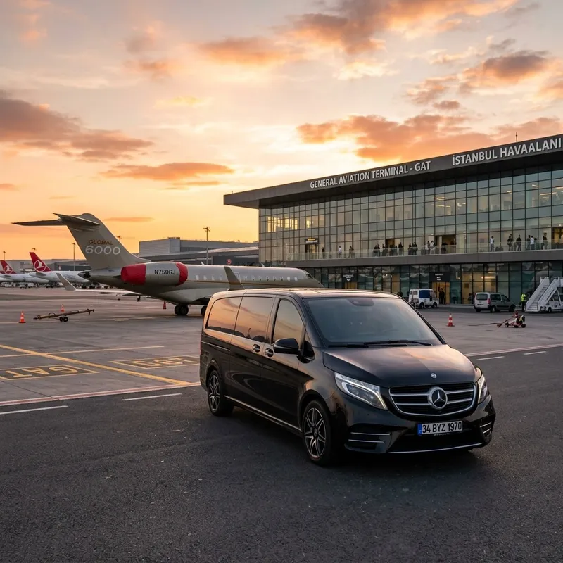 One Byzas Chauffeur Driven Mercedes-Benz vehicles waiting for passenger at the Istanbul airport tarmac