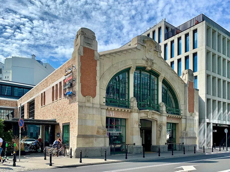 Front facade of Hala Koszyki in Warsaw Poland