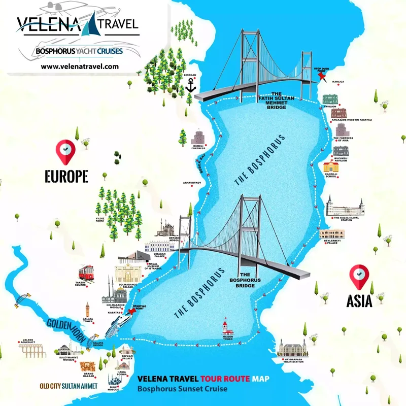 A map of the Bosphorus tours in Istanbul, Türkiye