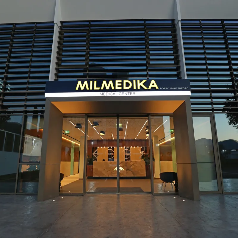 The main entrance of the Milmedika Private Health Clinic Porto Montenegro in Tivat