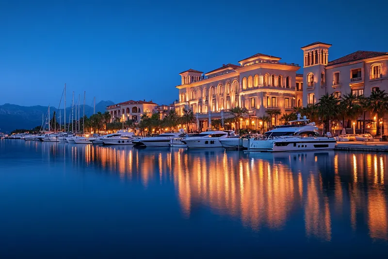 Sunset on yachts and luxury buildings on the waterfront of Porto Montenegro in Tivat