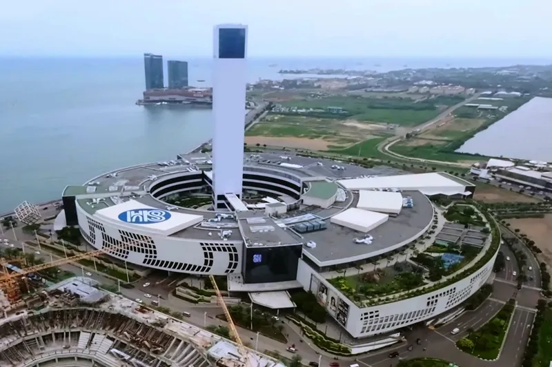 Aerial view or the shopping mall SM Seaside City Cebu, on the coast of Philippines