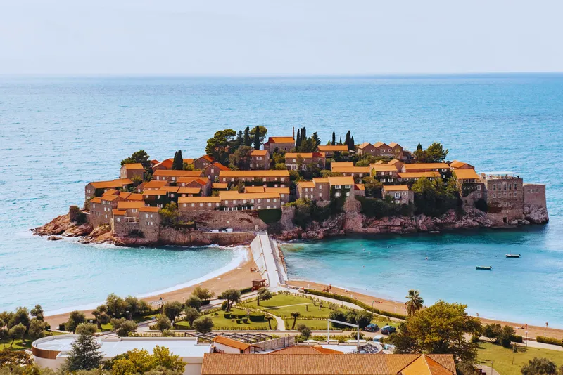 The picturesque village of Sveti Stefan in Budva municipality, on the coast of Montenegro
