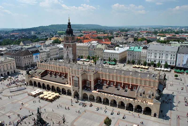 Aerial view of the Cloth Hall (Sukiennice) in the main market square of Krakow, Poland
