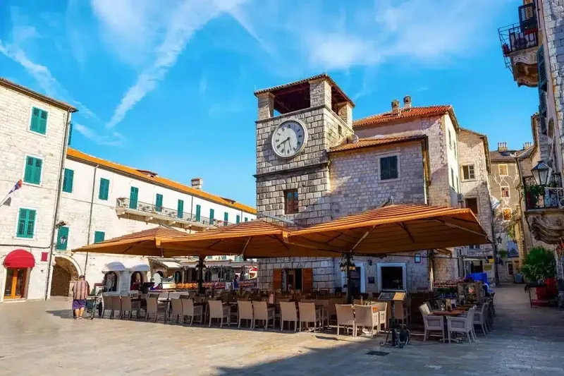 The square with the clock tower on Old Town Kotor, Montenegro