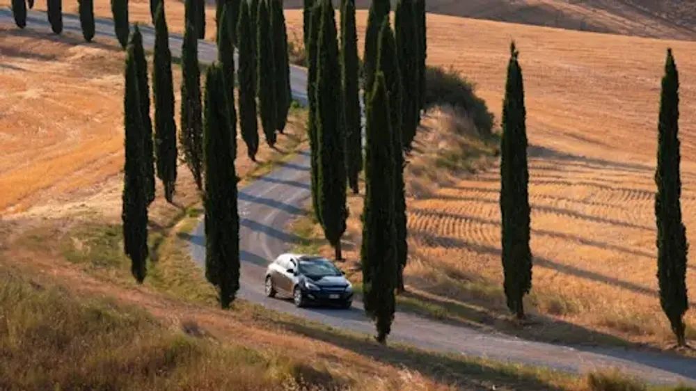 A car traveling on a narrow road lined with cypress trees on the Tuscany hills 